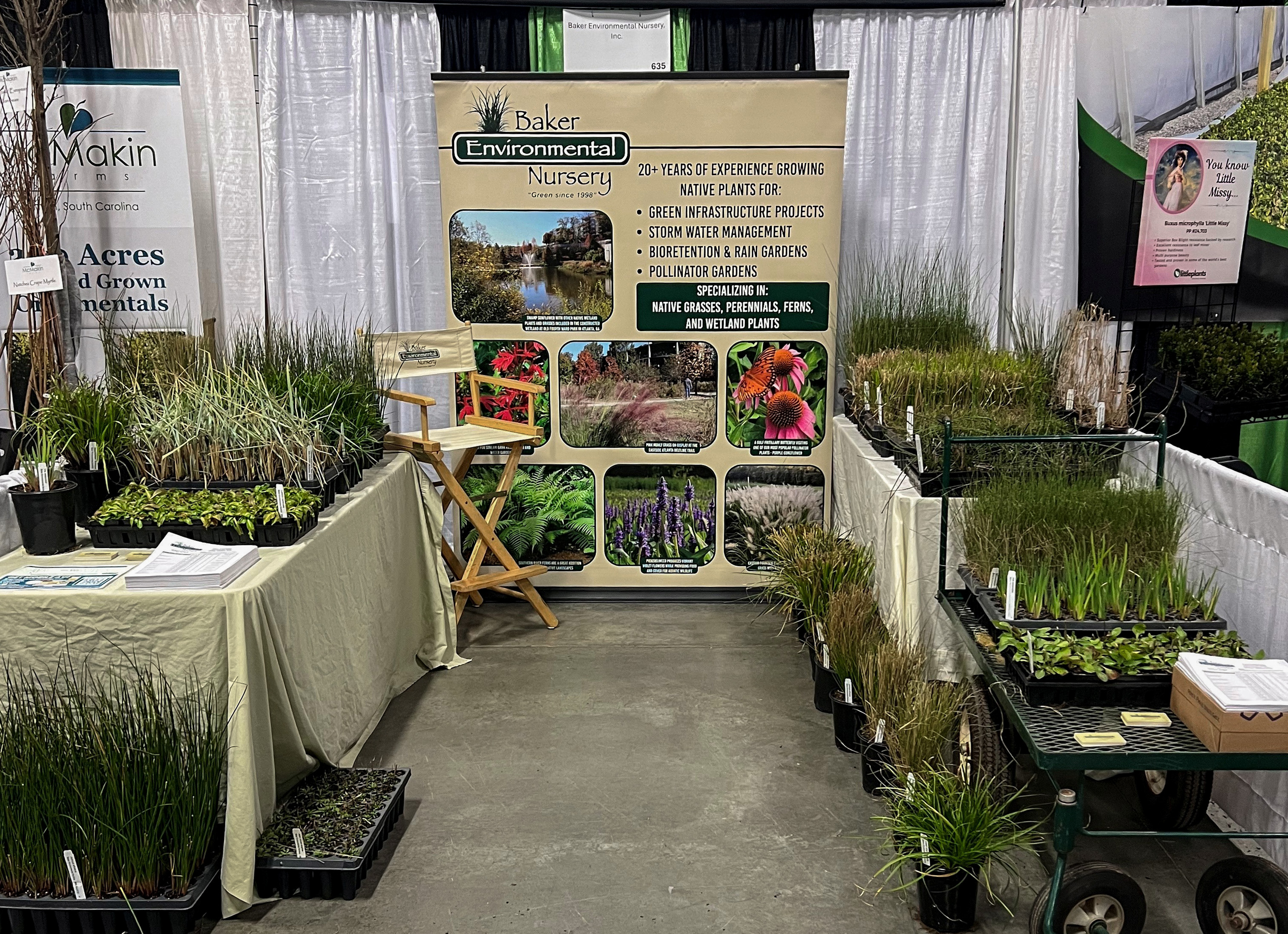 Baker Environmental Nursery booth displaying native grasses, perennials, and wetland plants at Southeast Green 2026.