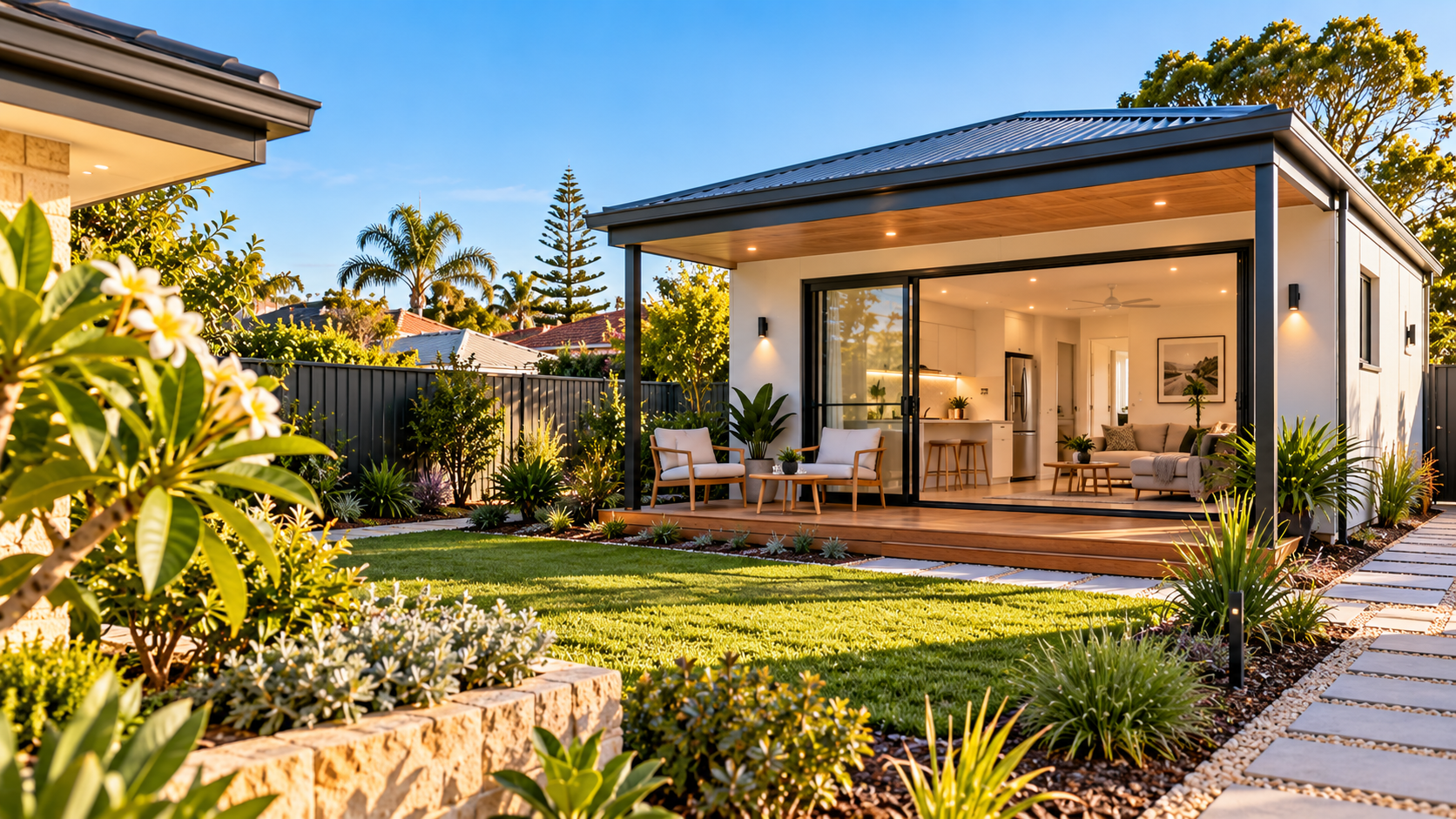 Contemporary granny flat with a landscaped backyard, side access path and boundary fencing in an Australian suburban setting.