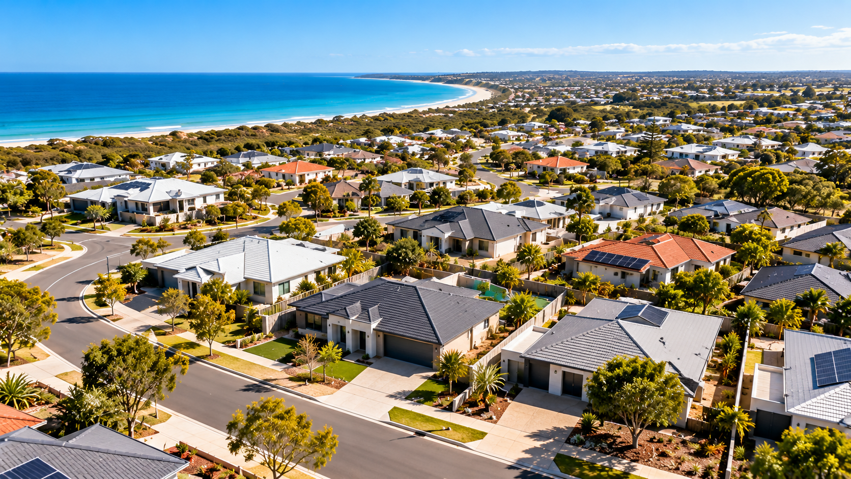 AI-generated aerial view of a coastal residential suburb with houses, streets and the Indian Ocean, inspired by Perth's northern corridor.