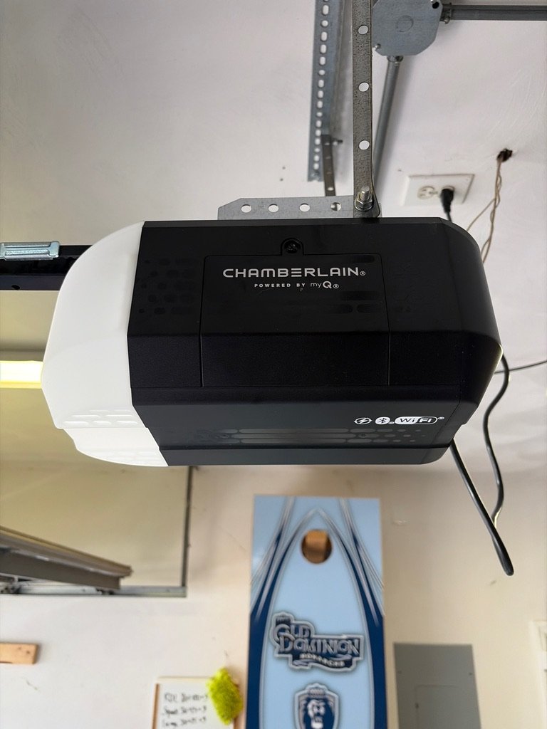 Chamberlain garage door opener mounted to the garage ceiling
