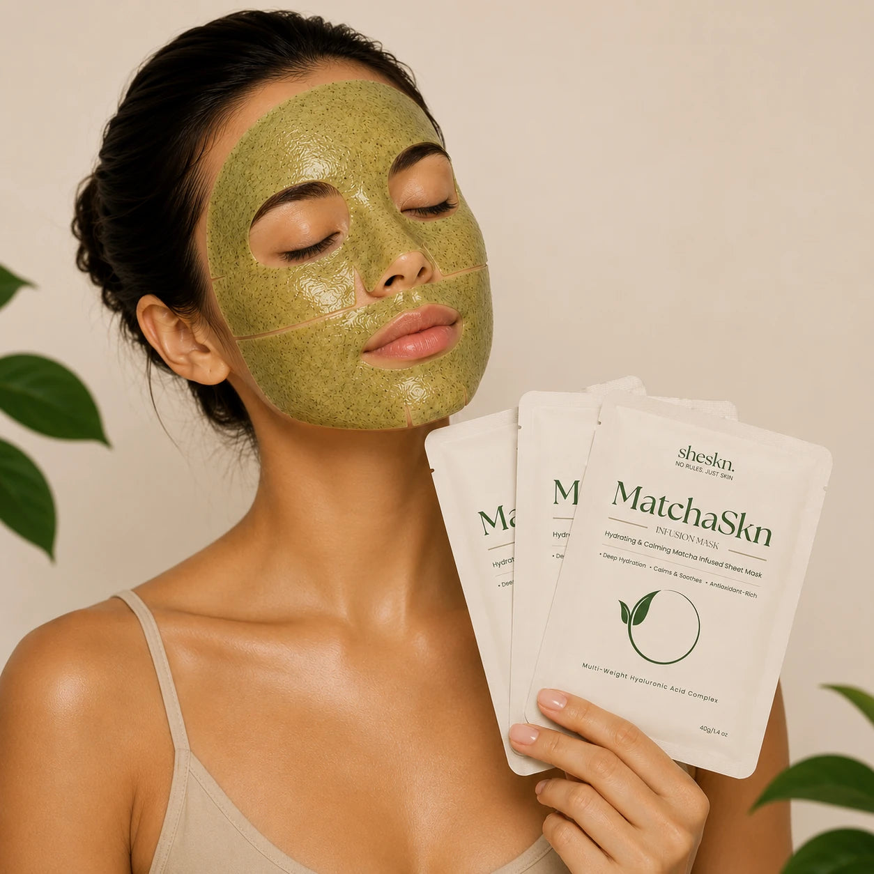 Woman wearing MatchaSkn hydrogel face mask at home