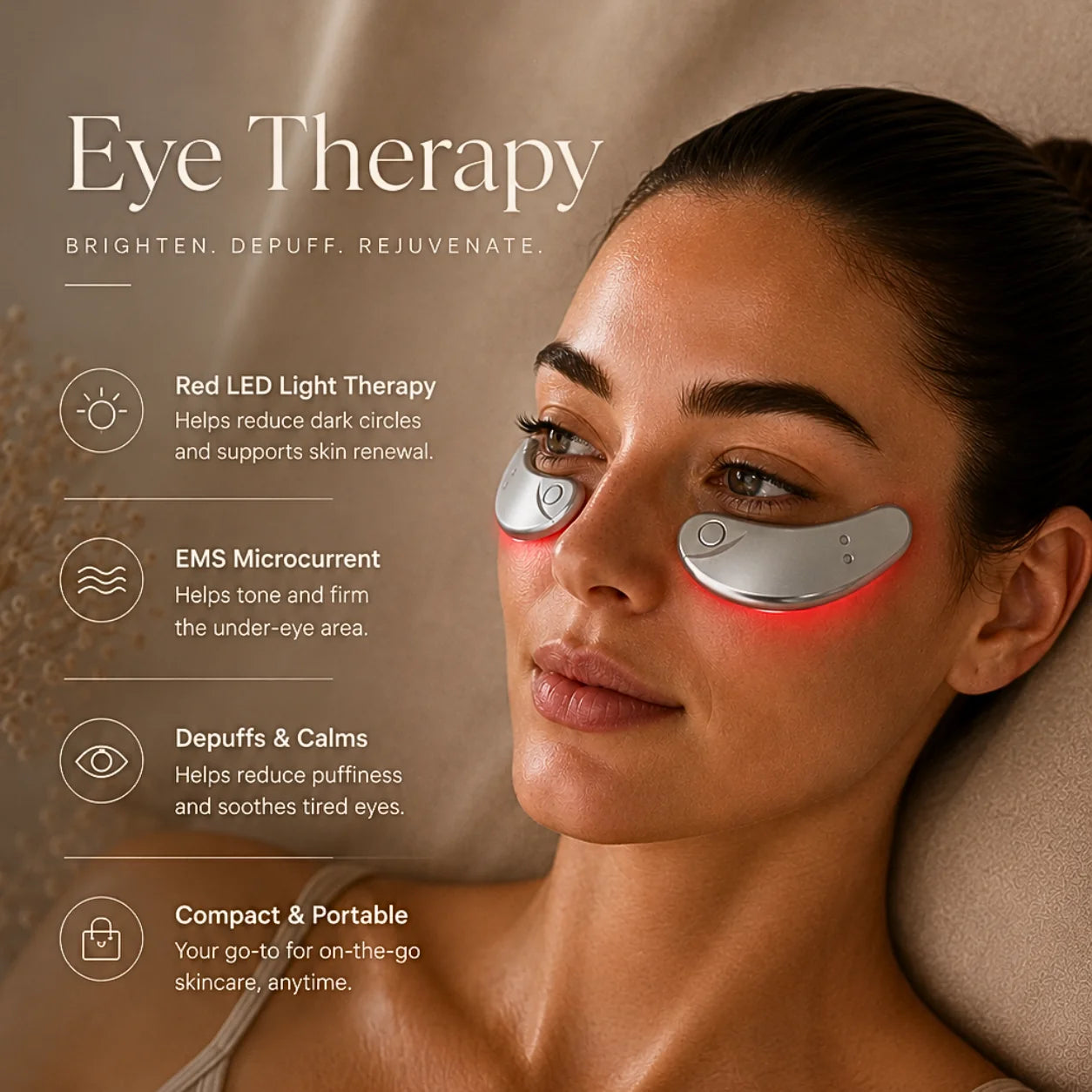 Woman wearing Sheskn Eye Therapy LED + EMS under-eye device