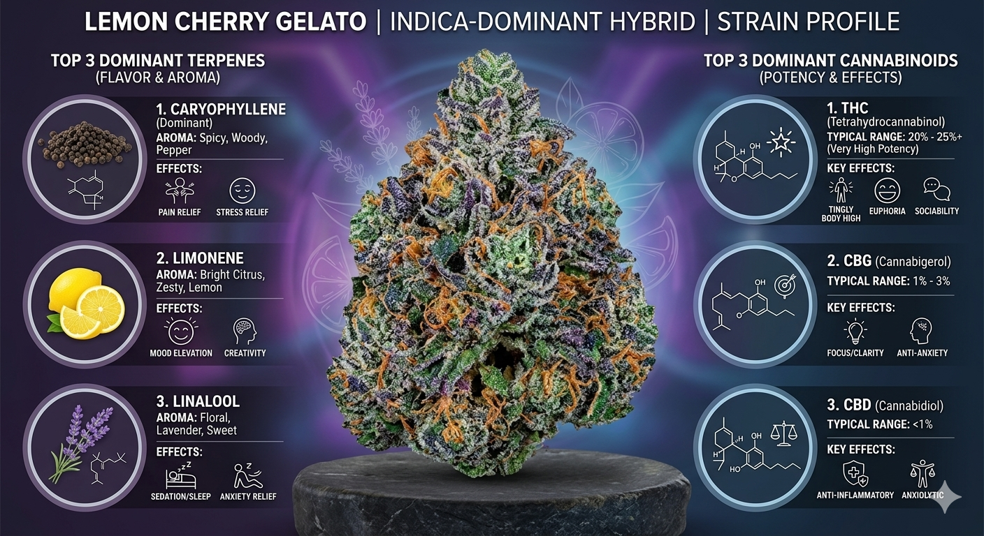 Lemon, cherry gelato dominant terpene and strain profile info graphic. Caryophyllene, Limonene, Linalool